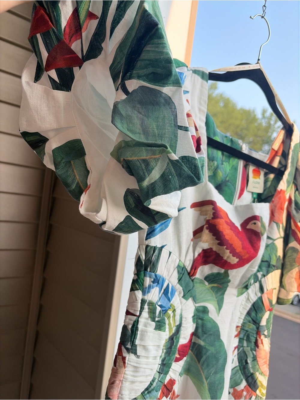 🆕🌿🦜FARM Rio OffWhite Midnight Macaw Fiesta Linen Puff Sleeve Midi Dress XS Party - Picture 8 of 17